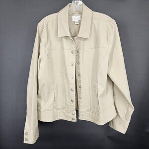 Christopher and Banks Jacket Womens XL Khaki Beige Denim Jean Stretch Snap Front